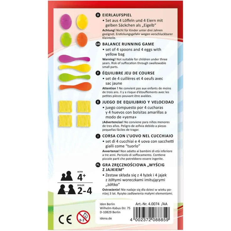 Idena 40074 Geschicklichkeitsspiel Eierlaufen, mit 4 Eiern und 4 Löffeln, perfekt für drinnen und draußen, Partys und Sportfeste – Bild 6