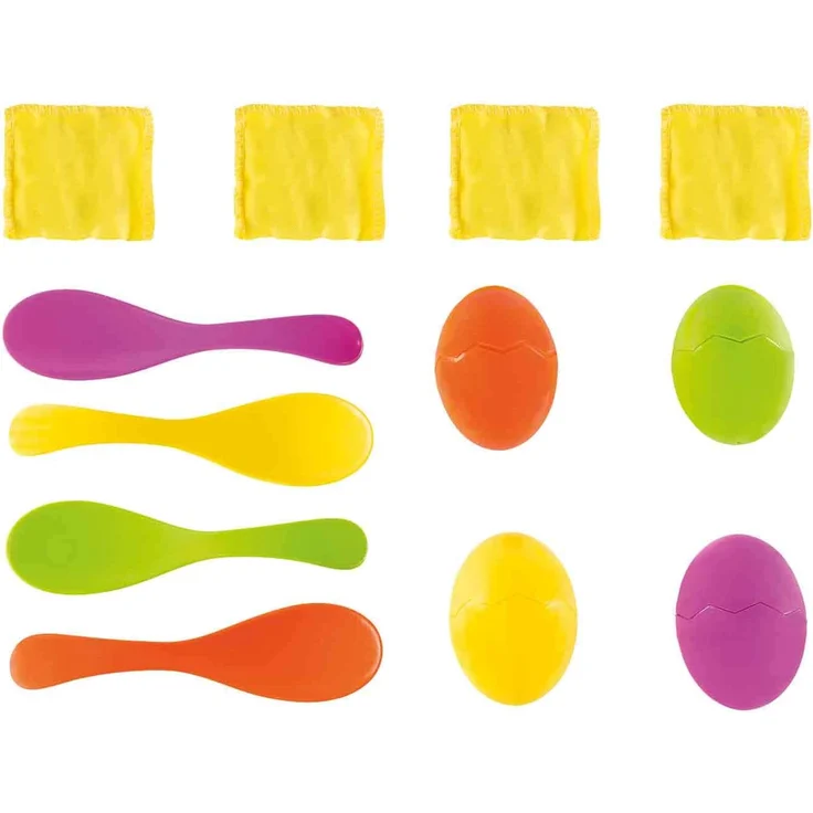 Idena 40074 Geschicklichkeitsspiel Eierlaufen, mit 4 Eiern und 4 Löffeln, perfekt für drinnen und draußen, Partys und Sportfeste – Bild 1