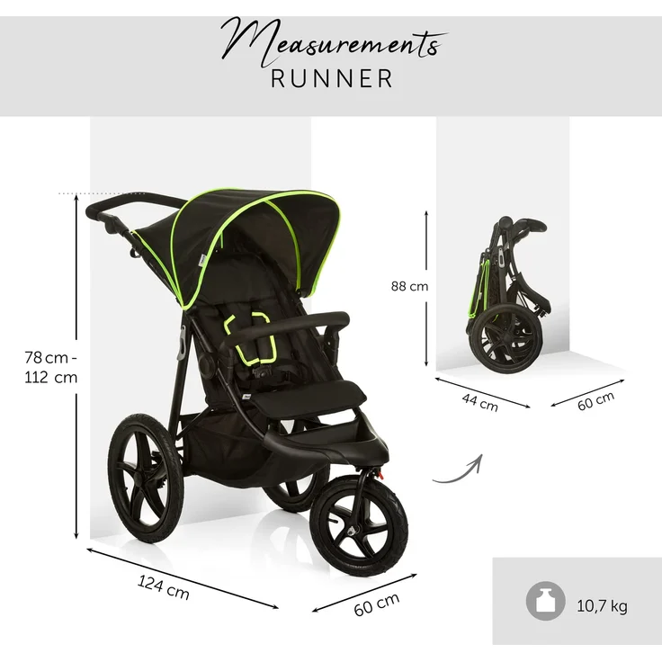 Hauck Kinder Buggy Runner, Große Luftreifen 3 Rad, Bis 25 kg, mit Liegefunktion und Netzfenster, Höhenverstellbar, Zusammenklappbar, Großer Korb, Schwarz Neon Gelb – Bild 6