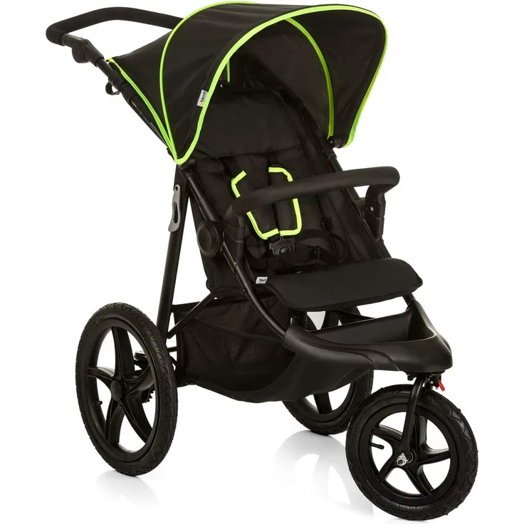 Hauck Kinder Buggy Runner, Große Luftreifen 3 Rad, Bis 25 kg, mit Liegefunktion und Netzfenster, Höhenverstellbar, Zusammenklappbar, Großer Korb, Schwarz Neon Gelb