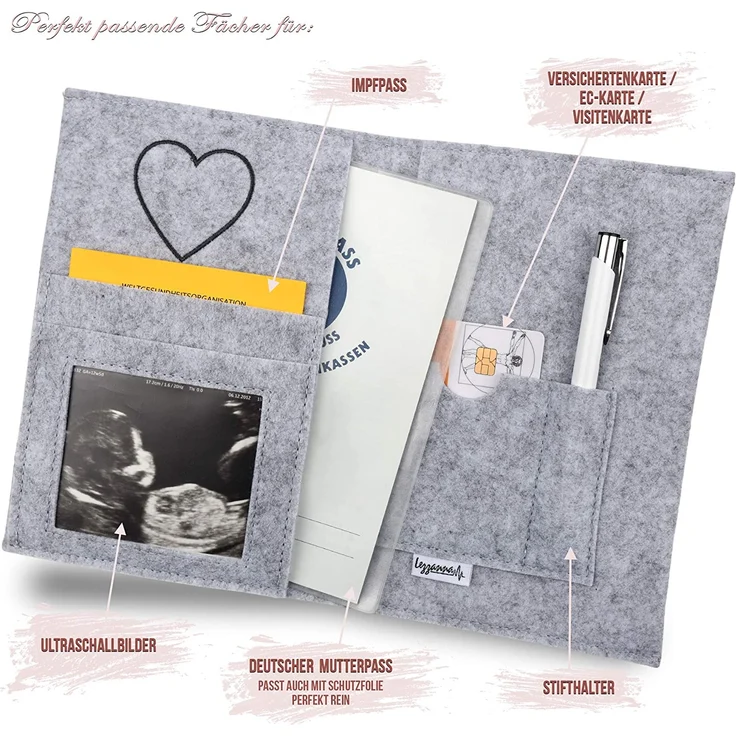 Lezzanna - Mutterpasshülle aus Filz - Mutterpass Tasche - Dokumententasche - in 4 Farben - viele Fächer für Ultraschallbilder und vieles mehr - Geschenk für Schwangere - Organizer – Bild 3