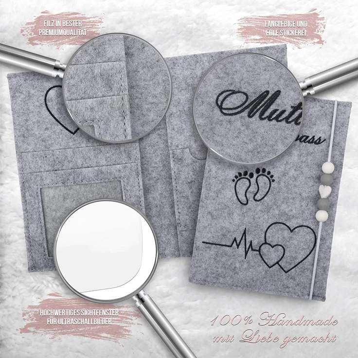 Lezzanna - Mutterpasshülle aus Filz - Mutterpass Tasche - Dokumententasche - in 4 Farben - viele Fächer für Ultraschallbilder und vieles mehr - Geschenk für Schwangere - Organizer – Bild 4