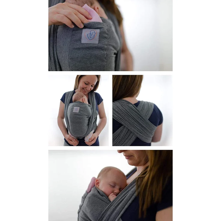 Babytragetuch mit Vordertasche inkl. Baby Wrap Carrier Tasche und Anleitung - langes elastisches Tragetuch für Früh- und Neugeborene Kleinkinder (Grau) – Bild 3
