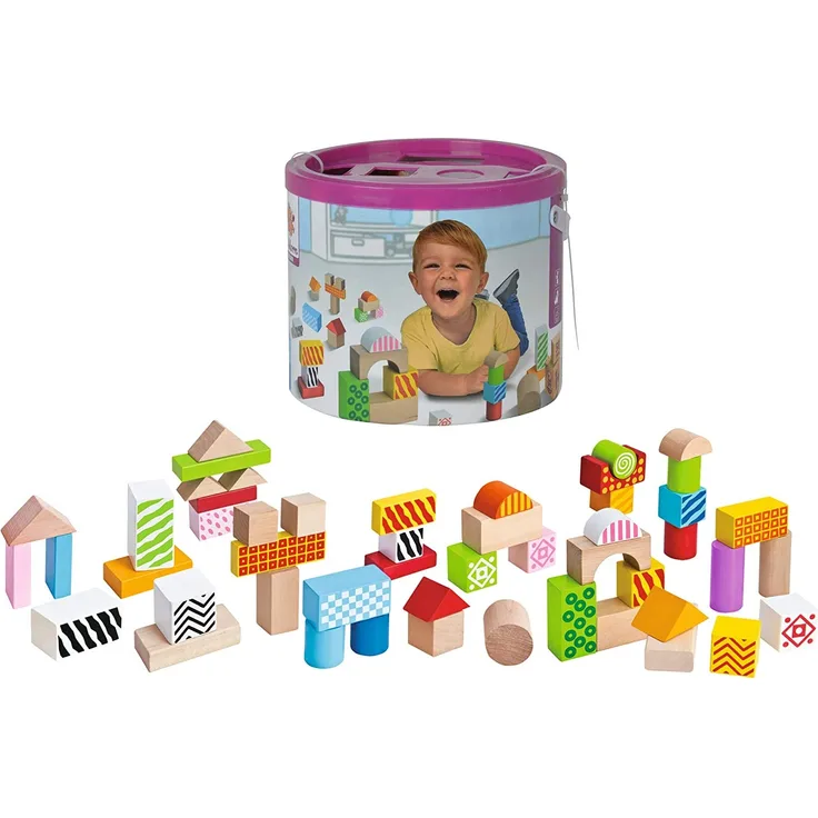 Eichhorn 100002226 - Bunt bedruckte Holzbausteine, Birkenholz, 50-teilig, in einer Trommel zur Aufbewahrung