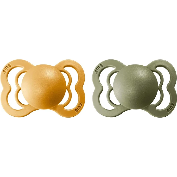 BIBS Supreme Schnuller 2er-Pack, BPA-frei, Symmetrischer Nippel. Naturkautschuk / Latex, Hergestellt in Dänemark. 0-6 Monate (2er Pack), Honey Bee / Olive – Bild 2