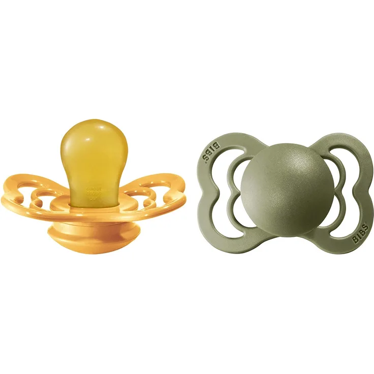 BIBS Supreme Schnuller 2er-Pack, BPA-frei, Symmetrischer Nippel. Naturkautschuk / Latex, Hergestellt in Dänemark. 0-6 Monate (2er Pack), Honey Bee / Olive