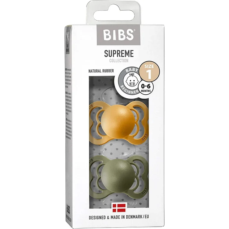 BIBS Supreme Schnuller 2er-Pack, BPA-frei, Symmetrischer Nippel. Naturkautschuk / Latex, Hergestellt in Dänemark. 0-6 Monate (2er Pack), Honey Bee / Olive – Bild 3