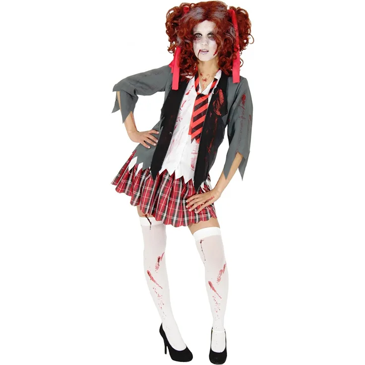 Foxxeo Blutiges Zombie Schulmädchen Kostüm für Damen Halloween Fasching Karneval Größe S