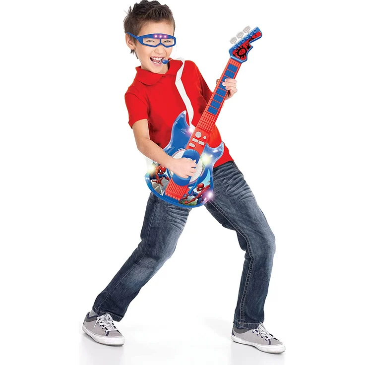 Lexibook K260SP Spider-Man Elektronische Gitarre mit Licht, Brille mit Mikrofon, Demo-Songs, MP3-Stecker, blau/rot – Bild 5