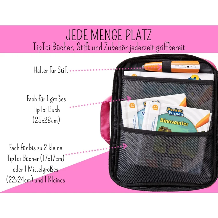 bunnyboo TipToi Tasche - Platz für bis zu 8 Bücher - TipToi Starterset mit Einsatz für Tiptoi Stift, TipToi Kabel und Batteriefach - Tasche für TipToi Stift - gehört in jedes Starterset TipToi (Rosa) - Preisvergleich – Bild 3
