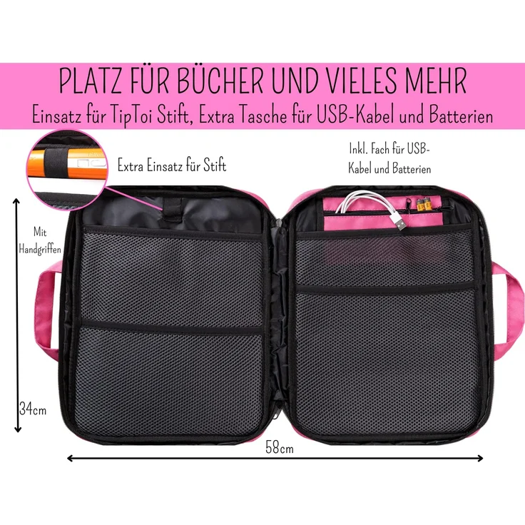 bunnyboo TipToi Tasche - Platz für bis zu 8 Bücher - TipToi Starterset mit Einsatz für Tiptoi Stift, TipToi Kabel und Batteriefach - Tasche für TipToi Stift - gehört in jedes Starterset TipToi (Rosa) - Preisvergleich – Bild 2