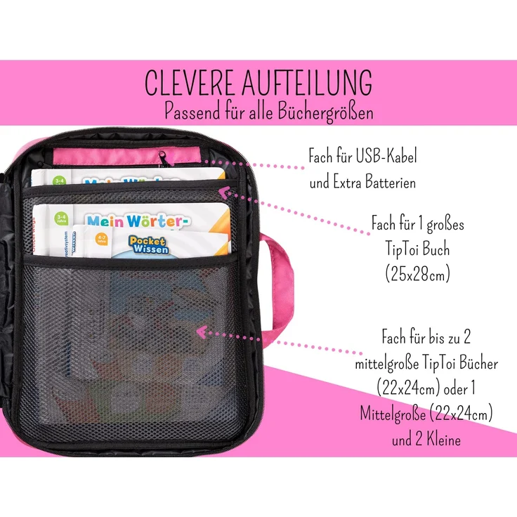 bunnyboo TipToi Tasche - Platz für bis zu 8 Bücher - TipToi Starterset mit Einsatz für Tiptoi Stift, TipToi Kabel und Batteriefach - Tasche für TipToi Stift - gehört in jedes Starterset TipToi (Rosa) - Preisvergleich – Bild 4