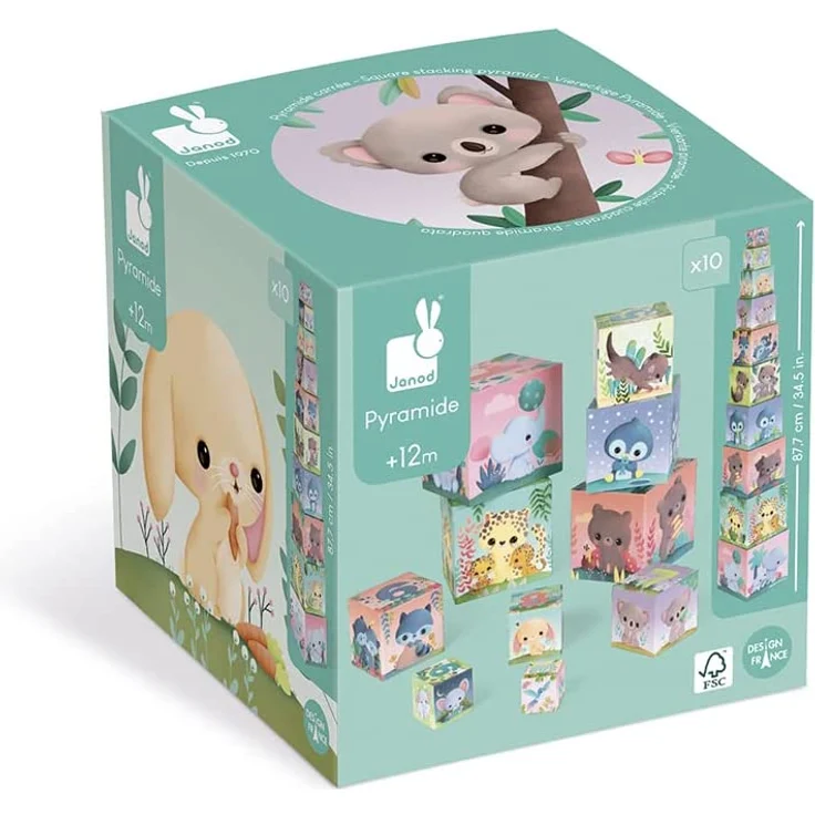 Janod J02652 Quadratische Pyramide-Niedliche Tiere-Baby-und Kleinkindspielzeug-Spielzeug zum Stapeln und Stecken-Erlernen der Größen-und Zahlenbegriffe-Ab 1 Jahr – Bild 6