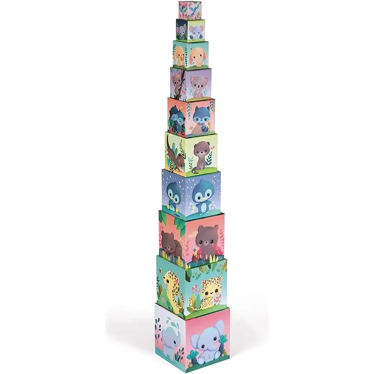 Janod J02652 Quadratische Pyramide-Niedliche Tiere-Baby-und Kleinkindspielzeug-Spielzeug zum Stapeln und Stecken-Erlernen der Größen-und Zahlenbegriffe-Ab 1 Jahr – Bild 2