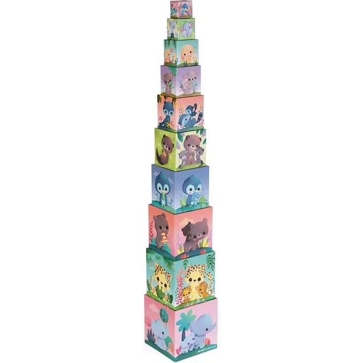 Janod J02652 Quadratische Pyramide-Niedliche Tiere-Baby-und Kleinkindspielzeug-Spielzeug zum Stapeln und Stecken-Erlernen der Größen-und Zahlenbegriffe-Ab 1 Jahr – Bild 1