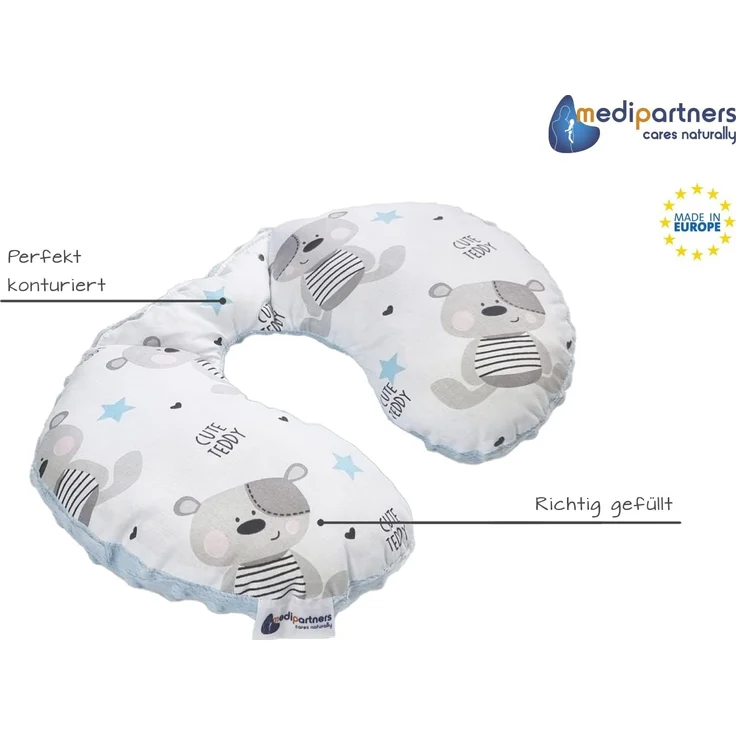 Medi Partners NACKENKISSEN Kinder Nacken Nackenstütze 100% Baumwolle/Minky Baby Nackenhörnchen für auto Kinderwagen autofahrt reisen Schlaf Hals kissen Schlummerrolle (Teddybär mit hellblauen Minky) – Bild 2