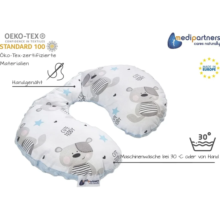 Medi Partners NACKENKISSEN Kinder Nacken Nackenstütze 100% Baumwolle/Minky Baby Nackenhörnchen für auto Kinderwagen autofahrt reisen Schlaf Hals kissen Schlummerrolle (Teddybär mit hellblauen Minky) – Bild 4