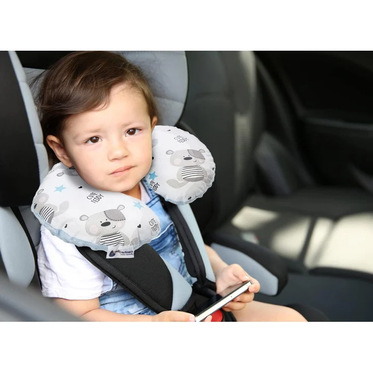 Medi Partners NACKENKISSEN Kinder Nacken Nackenstütze 100% Baumwolle/Minky Baby Nackenhörnchen für auto Kinderwagen autofahrt reisen Schlaf Hals kissen Schlummerrolle (Teddybär mit hellblauen Minky) – Bild 5