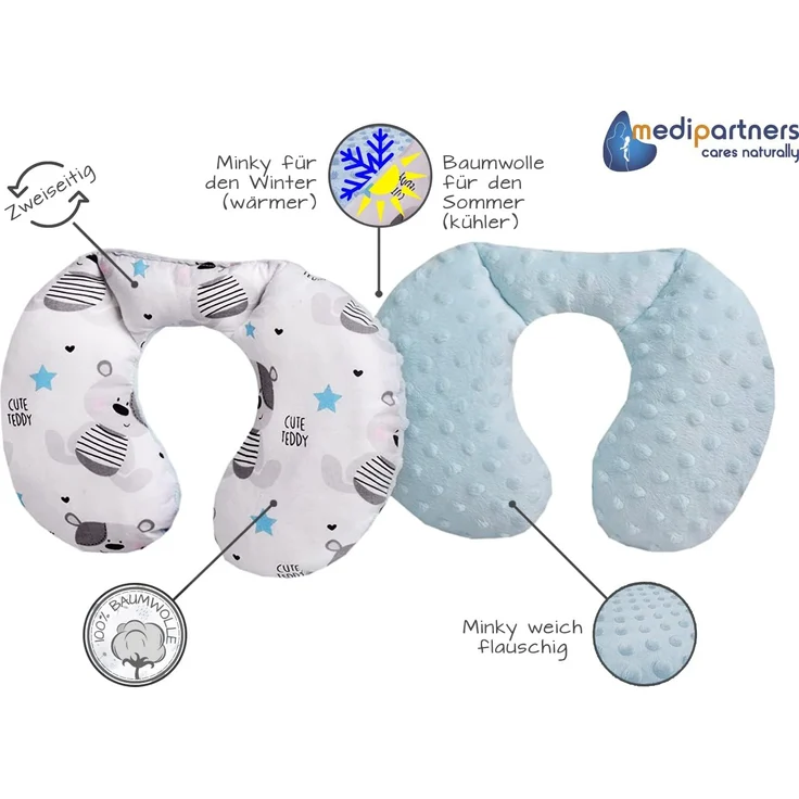 Medi Partners NACKENKISSEN Kinder Nacken Nackenstütze 100% Baumwolle/Minky Baby Nackenhörnchen für auto Kinderwagen autofahrt reisen Schlaf Hals kissen Schlummerrolle (Teddybär mit hellblauen Minky) – Bild 3