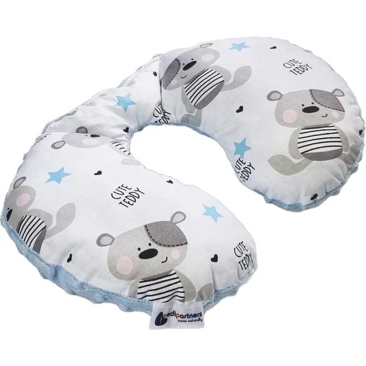 Medi Partners NACKENKISSEN Kinder Nacken Nackenstütze 100% Baumwolle/Minky Baby Nackenhörnchen für auto Kinderwagen autofahrt reisen Schlaf Hals kissen Schlummerrolle (Teddybär mit hellblauen Minky) – Bild 1