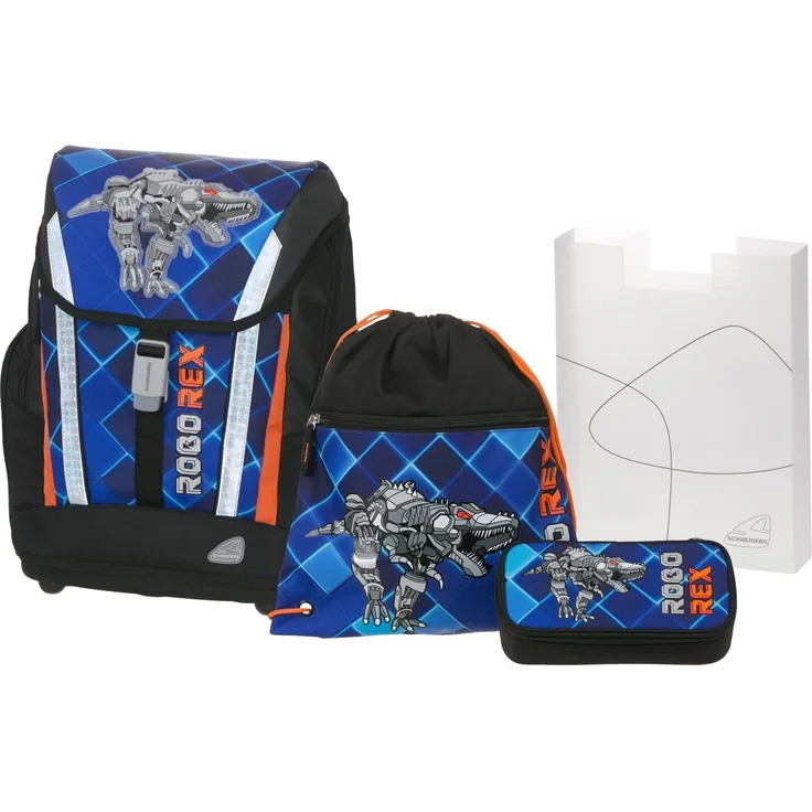 Schneiders Vienna Schulrucksack-Set 4tlg. Soft - Motiv: Robo Rex, 40 cm, 24 Liter, 1 kg - Farbe: schwarz,blau, mit reflektierenden Elementen