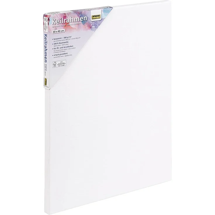 Idena 60004 - Keilrahmen mit Leinwand aus 100% Baumwolle, 380 g/m², FSC zertifiziert, für Öl- und Acrylfarben, ca. 30 x 40 cm, weiß – Bild 1