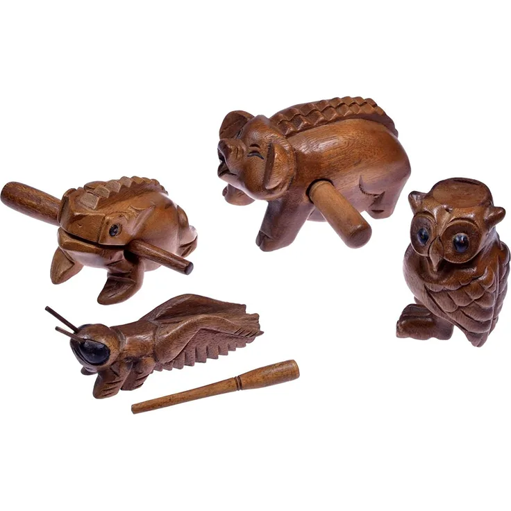 4 Klangtiere im Set (Frosch, Schwein, Zikade, Eule) Musik-Percussion-Instrumente