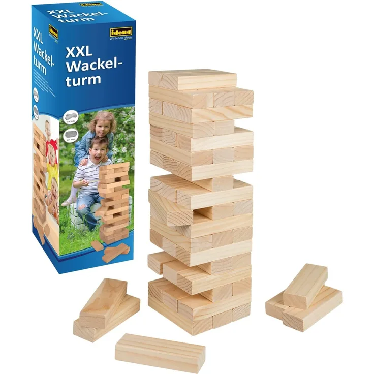 Idena 40205 Großer XXL Wackelturm, Geschicklichkeitsspiel mit 54 Bausteinen aus Holz, ca. 15,5 x 15,5 x 54 cm, Hellbraun