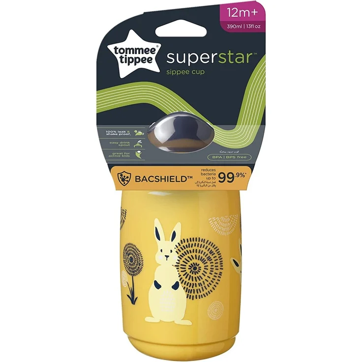Tommee Tippee Superstar Sipper, Trinklernbecher,100 % Auslauf- und Schüttelsichere INTELLIVALVE-Technologie, Antibakterieller BACSHIELD-Technologie, 12 M. +, 390 ml, 1 Stk, Gelb – Bild 2