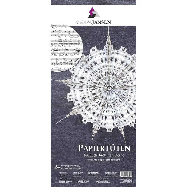 MarpaJansen Papiertüten für Deko-Sterne/Blüten - Bastelset - Butterbrottüten - (10 x 22 cm, 24 Stück) - inkl. Bastelanleitung - Noten