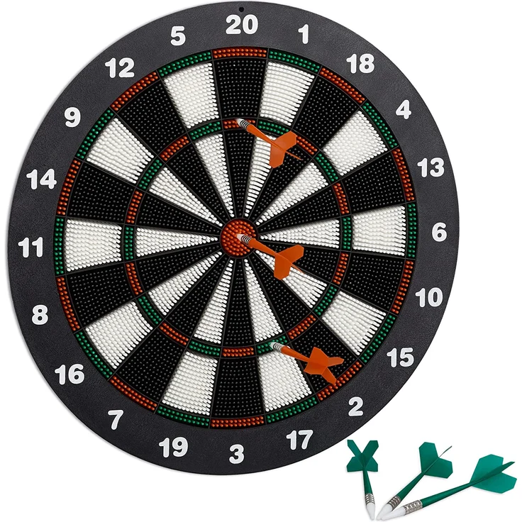 Relaxdays Dartscheibe 42 cm, Softdart Safety Darts, 6 Pfeile, kindgerecht, Standfuß Sicherheits-Dartboard, schwarz-weiß – Bild 1