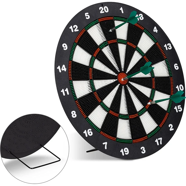 Relaxdays Dartscheibe 42 cm, Softdart Safety Darts, 6 Pfeile, kindgerecht, Standfuß Sicherheits-Dartboard, schwarz-weiß – Bild 2
