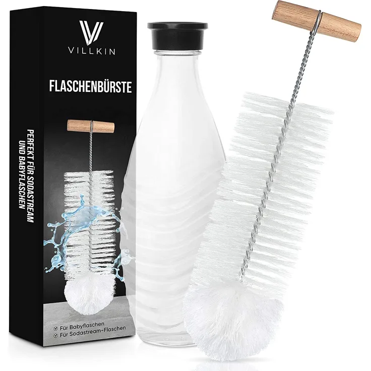 Villkin Flaschenbürste (1x Stück) Kompatibel für SodaStream Glasflaschen, Babyflaschen und Gläser - Reinigungsbürste mit Wollkopf für eine kratzfreie Reinigung von Glas und Plastik