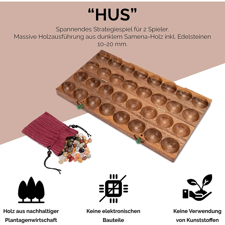 Hus Spiel – für 2 Spieler – Bao – Kalaha – mit Edelsteinen und Stoffbeutel - Preisvergleich – Bild 2