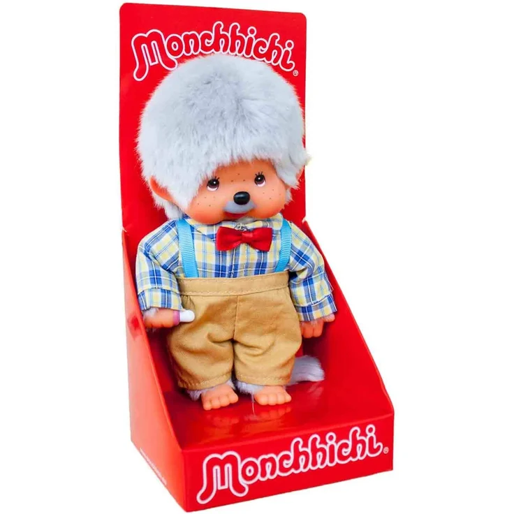Sekiguchi 233140 - Original Monchhichi Großvater, aus grauem Plüsch, mit Hemd und Hose, ca. 20 cm – Bild 1