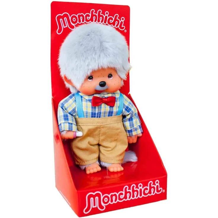 Sekiguchi 233140 - Original Monchhichi Großvater, aus grauem Plüsch, mit Hemd und Hose, ca. 20 cm