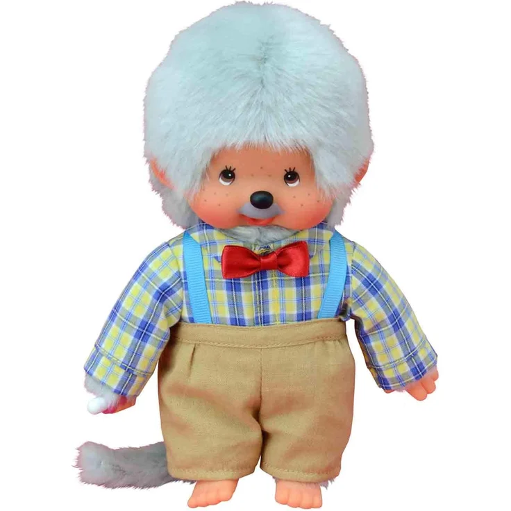 Sekiguchi 233140 - Original Monchhichi Großvater, aus grauem Plüsch, mit Hemd und Hose, ca. 20 cm – Bild 2