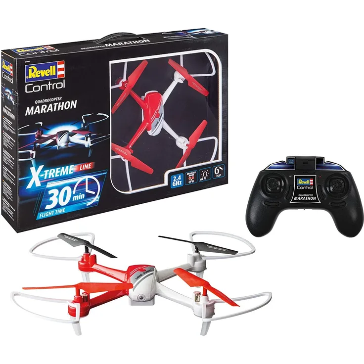 Revell Control 24898 RC Quadcopter X-Treme Marathon, bis zu 30 Minuten Flugzeit, wechselbarer Akku Ferngesteuerter Quadrokopter, rot/weiß