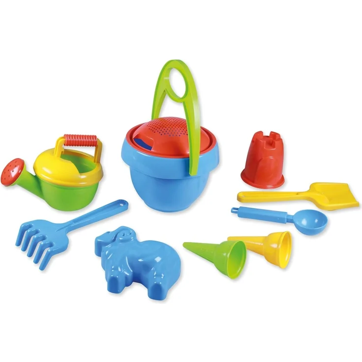 Lena 5420 Happy Sand Spielset Jungs I, Sandspielzeug mit 10 Teilen für Kinder ab 2 Jahren, Strandspielzeug mit Eimer, Sieb, Schaufel, Rechen, Gießer, Eislöffel, 2 Eistüten und 2 Formen, Mehrfarbig – Bild 1