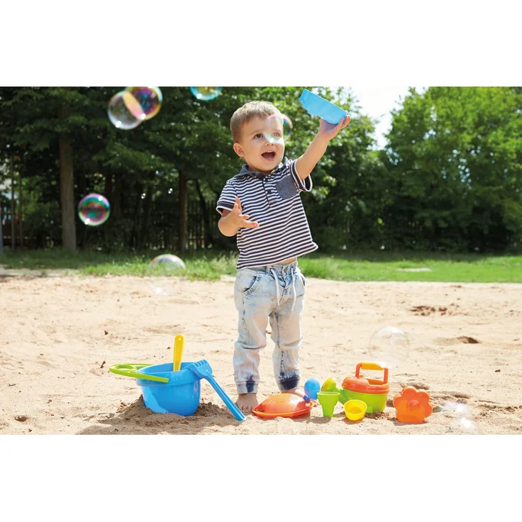Lena 5420 Happy Sand Spielset Jungs I, Sandspielzeug mit 10 Teilen für Kinder ab 2 Jahren, Strandspielzeug mit Eimer, Sieb, Schaufel, Rechen, Gießer, Eislöffel, 2 Eistüten und 2 Formen, Mehrfarbig – Bild 4
