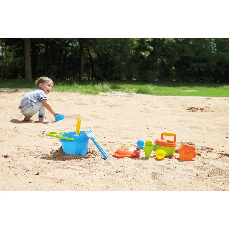 Lena 5420 Happy Sand Spielset Jungs I, Sandspielzeug mit 10 Teilen für Kinder ab 2 Jahren, Strandspielzeug mit Eimer, Sieb, Schaufel, Rechen, Gießer, Eislöffel, 2 Eistüten und 2 Formen, Mehrfarbig – Bild 3