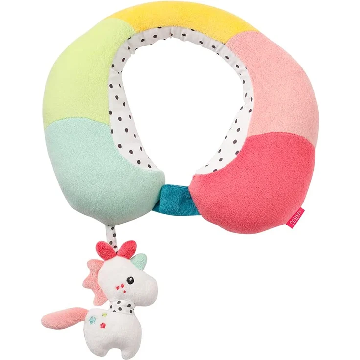 Fehn 057294 Nackenstütze Einhorn - Nackenkissen mit kleinem Rassel-Tier – Ergonomische Form des Nackenhörnchens stützt, entlastet und bietet sicheren Halt in Auto, Babyschale oder Kinderwagen – Bild 1