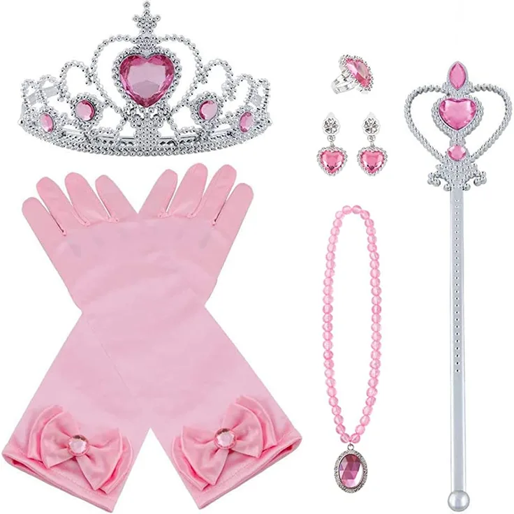 Vicloon Prinzessin Kostüme Eisprinzessin Set of 9, ELSA Handschuhe, Pfirsichherz Krone, Zauberstab, Halskette, Ring, Ohrring. (Pink)