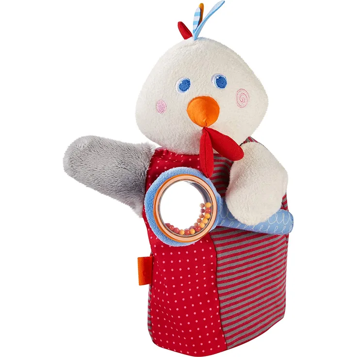 HABA 304927 - Klang-Handpuppe HABA-Musikant Hahn, Spielpuppe aus weichen Materialien mit Rasselstab und Spiegelfolie für akustische und optische Effekte, Spielzeug ab 18 Monaten