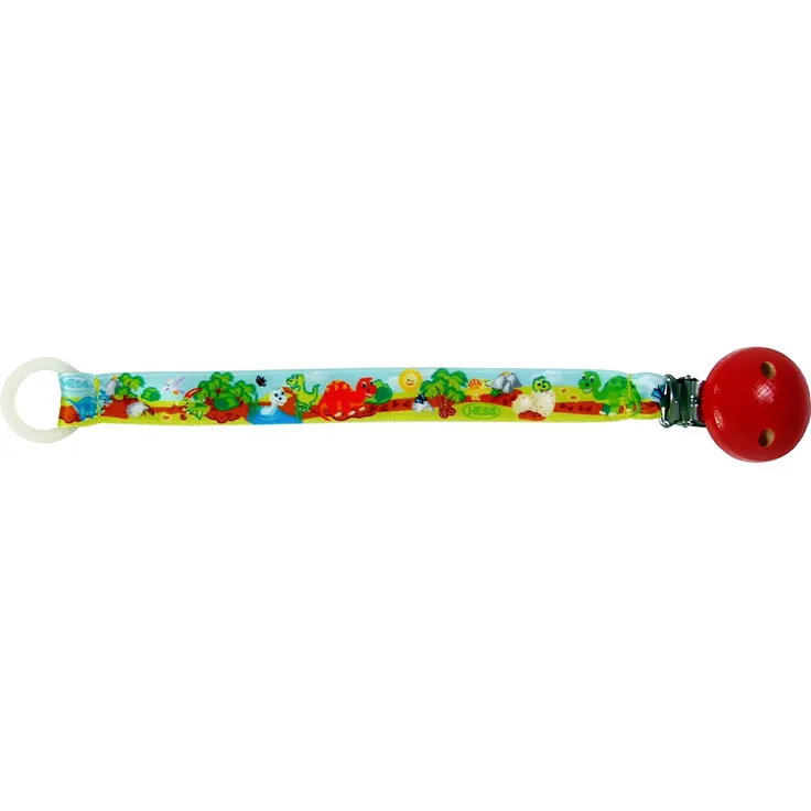 Hess Holzspielzeug 13801 - Schnullerband aus Stoff, Serie Dino, für Babys, handgefertigt, ca. 21 cm lang, mit Silikonring und Sicherheitsclip, zum Befestigen am Kinderwagen und der Kleidung