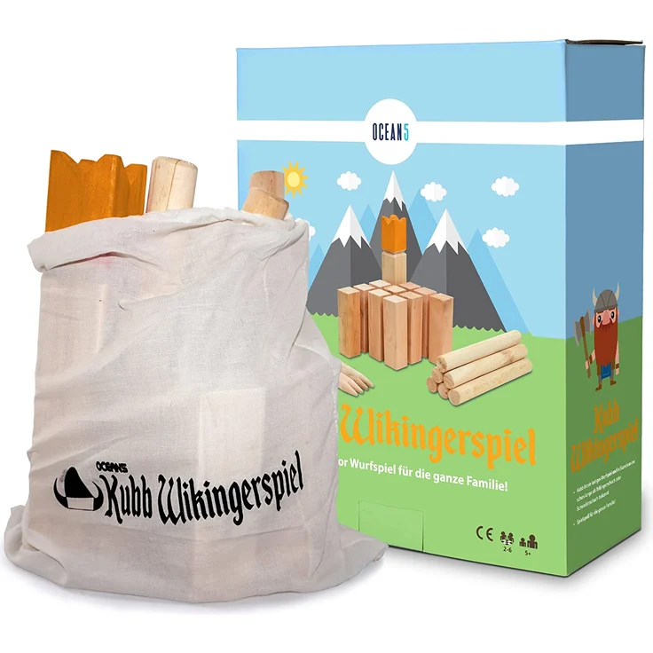 Ocean 5 Kubb - Original Wikinger Spiel | Premium FSC® Holzspiel im Stoffbeutel mit massiven Figuren | Schwedenschach Holz Outdoor Spiel Wurf Schach Spiele | Kubb Spiel für Kinder und Erwachsene | – Bild 2