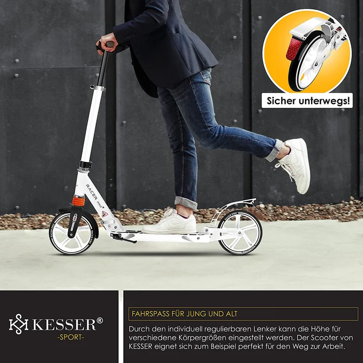KESSER® Cityroller Scooter 205mm Räder PU Big Wheel - Pro-S Tretroller mit Doppel Federung, City-Roller Scooter klappbar und Höhenverstellbar, Roller Kickscooter für Erwachsene und Kinder Weiß - Preisvergleich – Bild 4