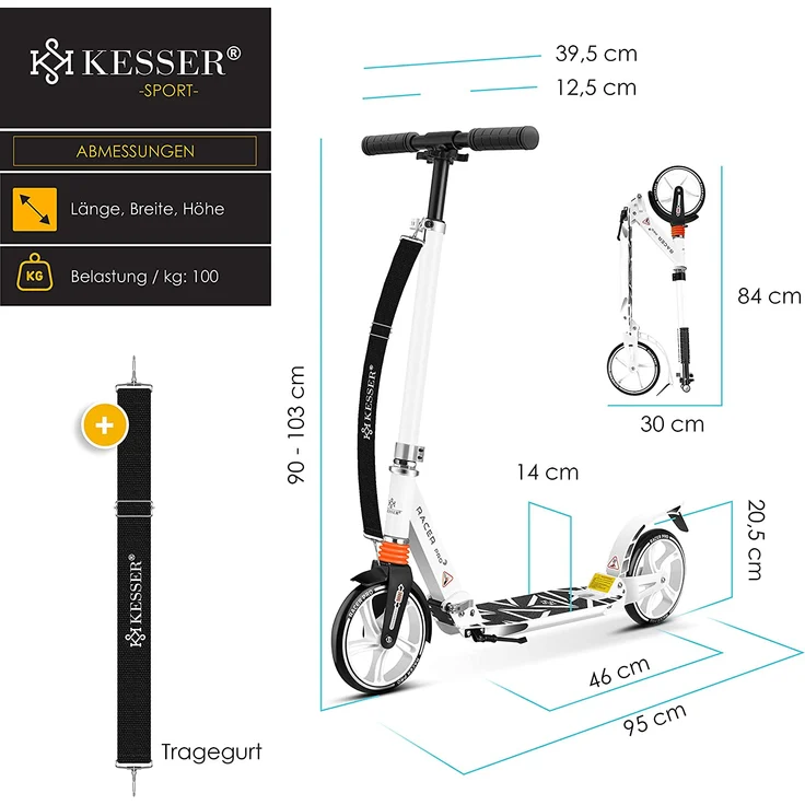 KESSER® Cityroller Scooter 205mm Räder PU Big Wheel - Pro-S Tretroller mit Doppel Federung, City-Roller Scooter klappbar und Höhenverstellbar, Roller Kickscooter für Erwachsene und Kinder Weiß - Preisvergleich – Bild 7