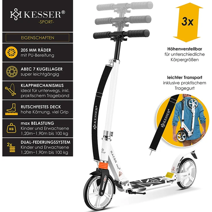 KESSER® Cityroller Scooter 205mm Räder PU Big Wheel - Pro-S Tretroller mit Doppel Federung, City-Roller Scooter klappbar und Höhenverstellbar, Roller Kickscooter für Erwachsene und Kinder Weiß - Preisvergleich – Bild 2