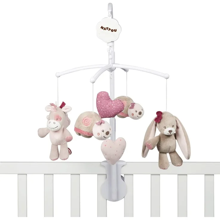 Nattou Mobile mit Spieluhr Nina, Jade und Lili, Sanftes Wiegelied "La-Le-Lu", 48 x 7 x 15 cm, Beige/Rosa/ Weiß